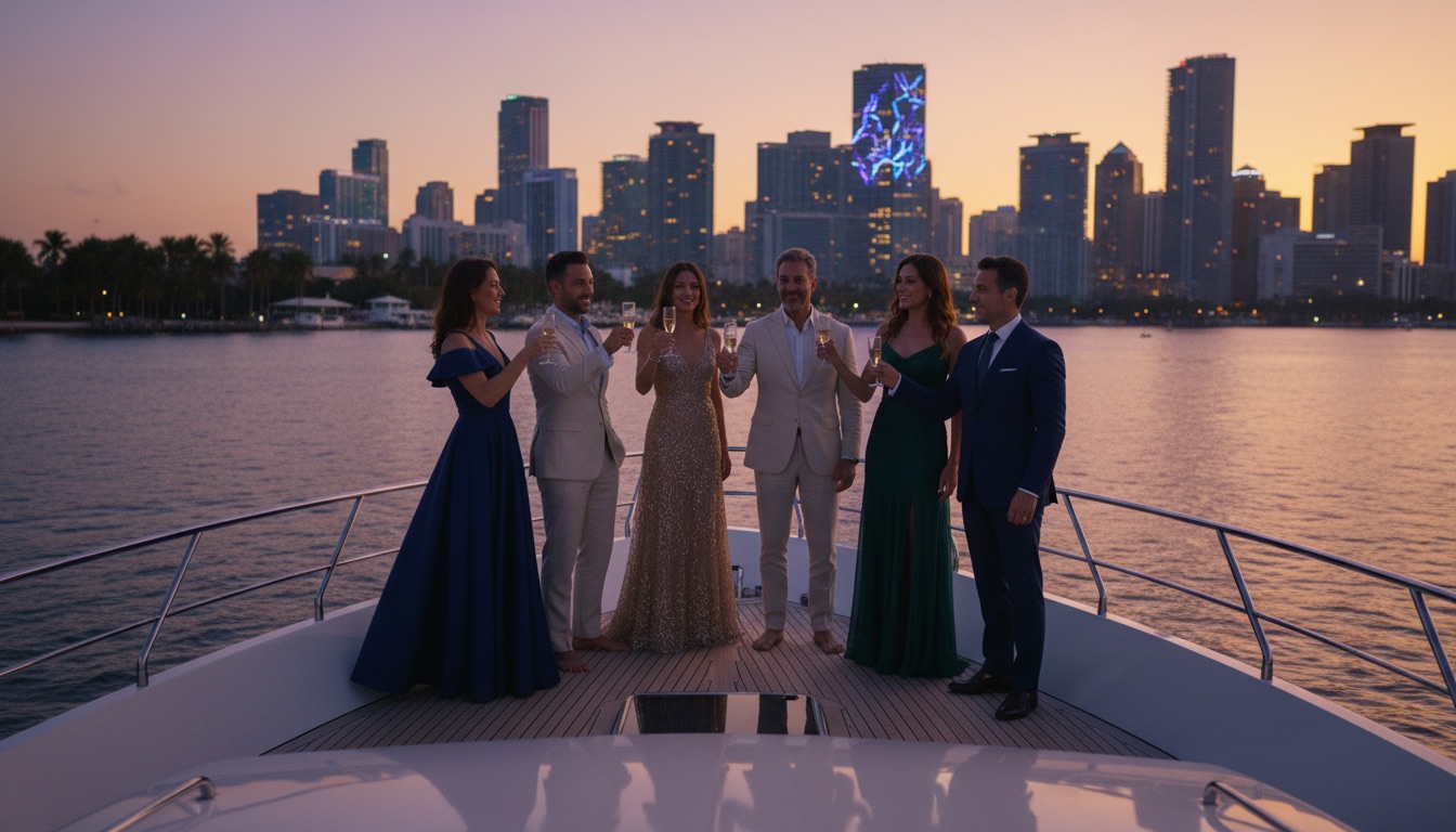 Group on a yacht bow on Biscayne Bay at sunset during Miami Art Week