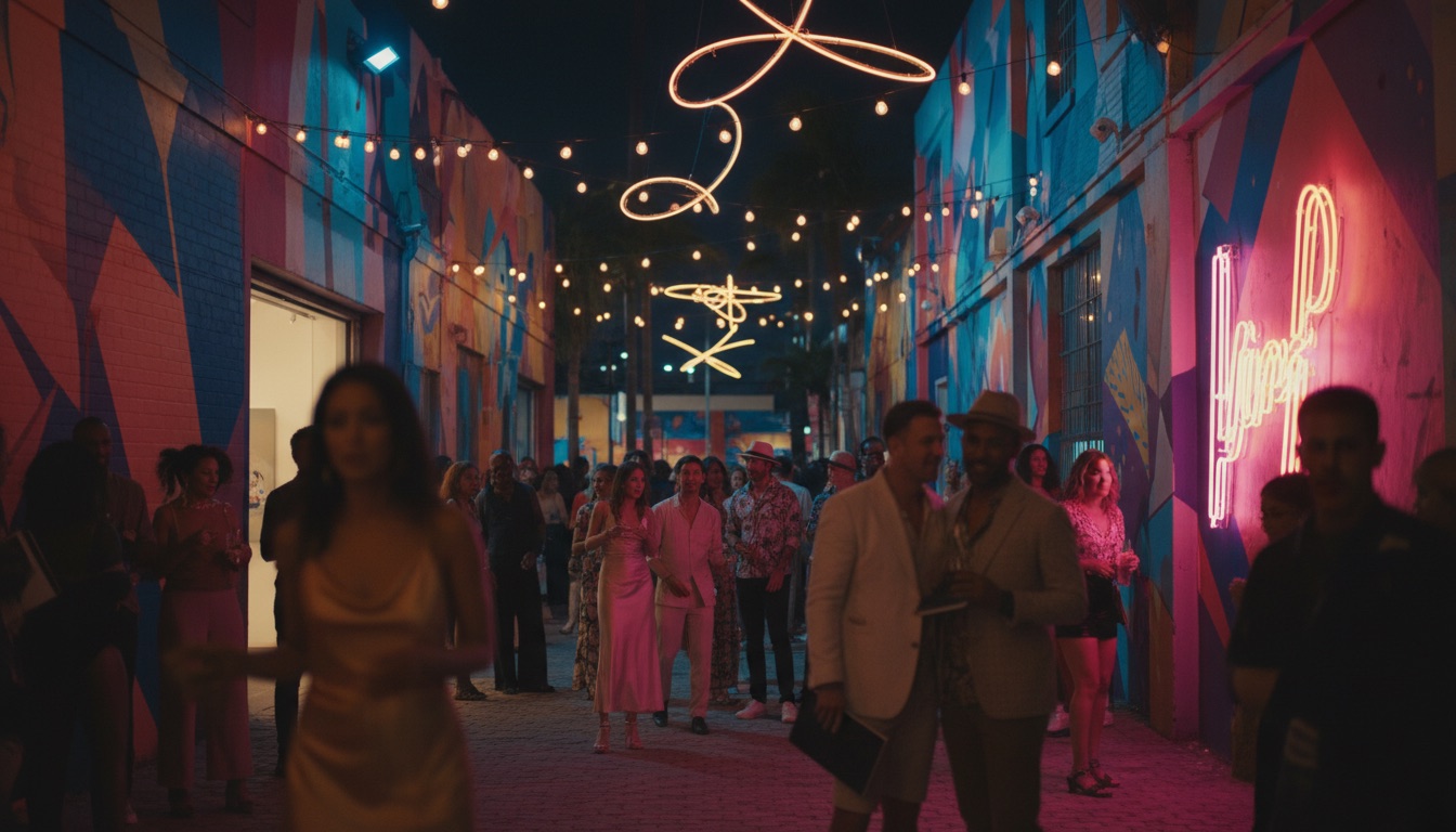Crowd outside a Wynwood gallery during Miami Art Week at night