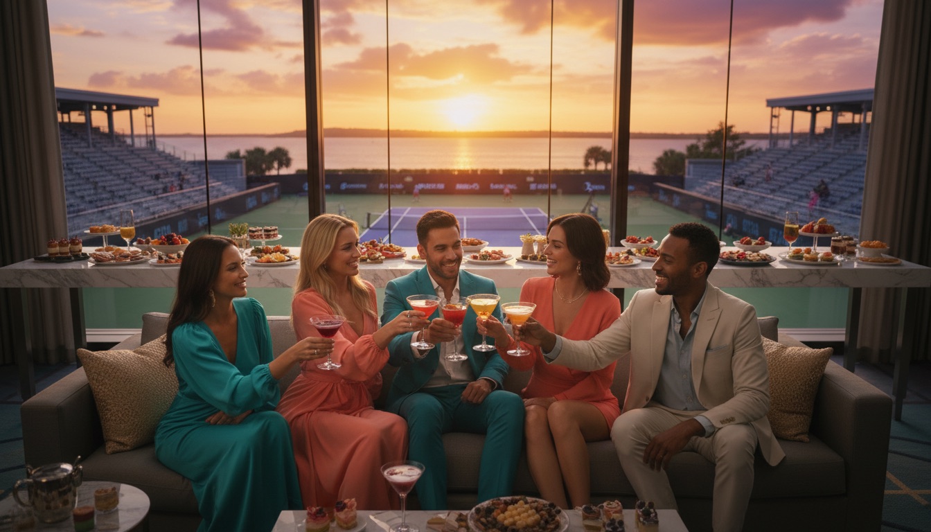 Group with drinks in a luxury suite watching a tennis match below