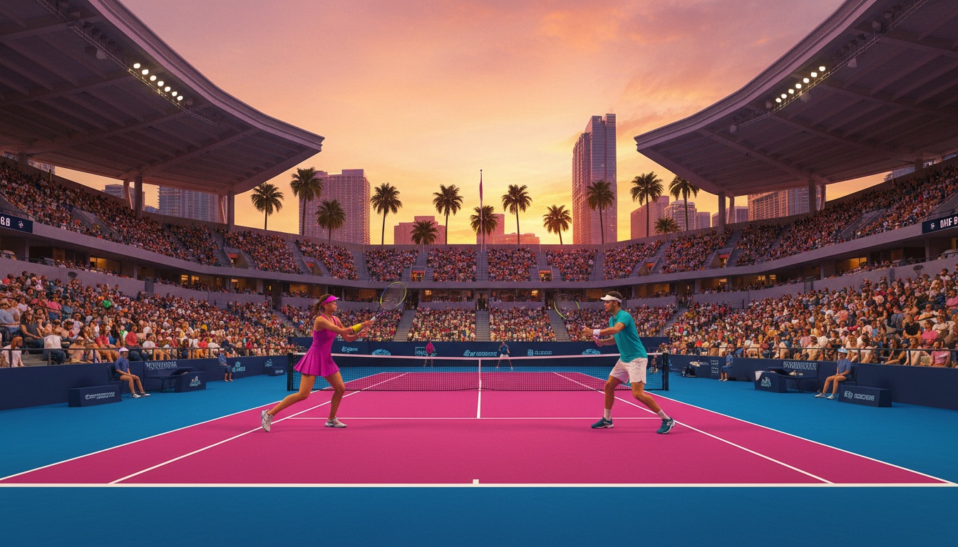 Tennis match in a stadium at dusk with palm trees and Miami skyline beyond