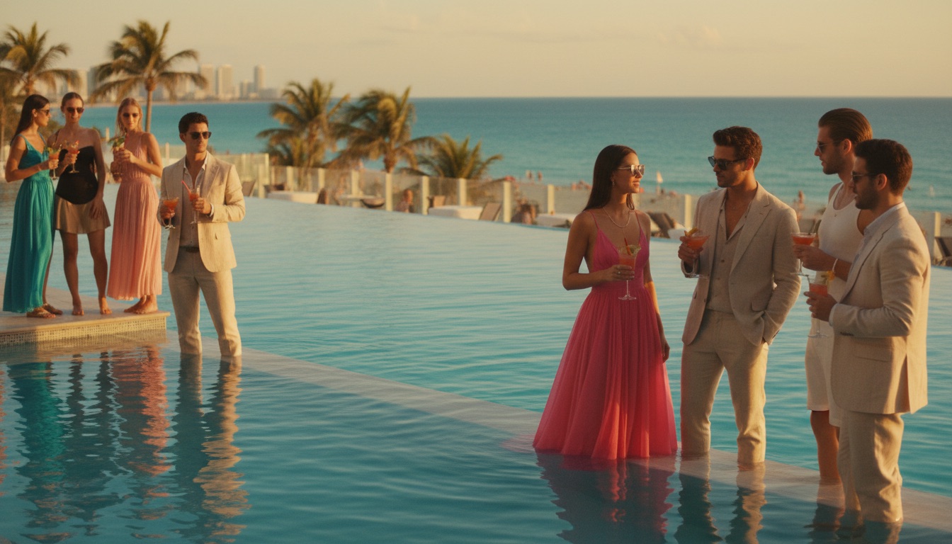 Stylish crowd at a rooftop pool party during Miami Swim Week