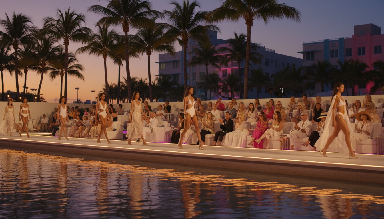 Outdoor swimwear runway show at dusk in Miami Beach with a stylish crowd