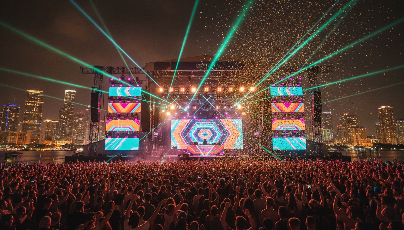 Massive festival main stage at night with lights and confetti, Miami skyline behind