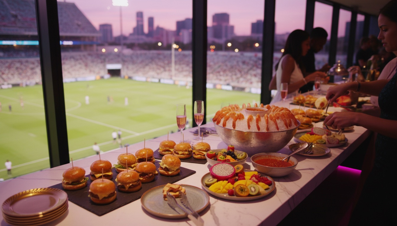 Premium catering spread inside a Miami stadium suite